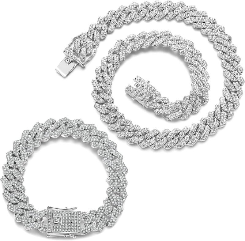 JUNVirtuous 2 Pieces Cuban Link Chain Mens Iced Out Miami Cuban Necklace and Bracelet Silver Bling Diamond Hip Hop Jewelry for Men and Women… - Image 1